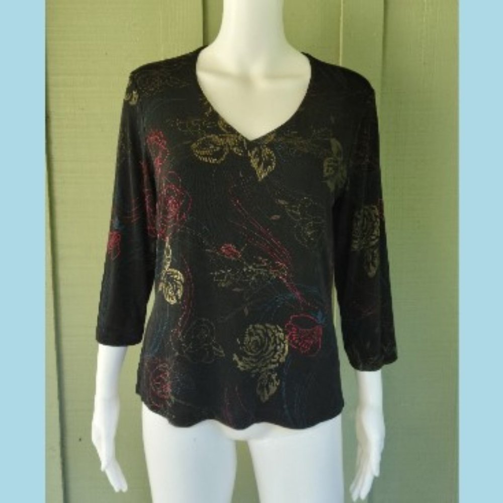 VIKKI VI Black Floral Slinky Travel Knit Top PM